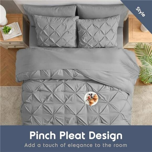 Nestl Queen Comforter Set 7 Piece Grey Pinch Pleat Bed in a Bag Bedding - Picture 6 of 7